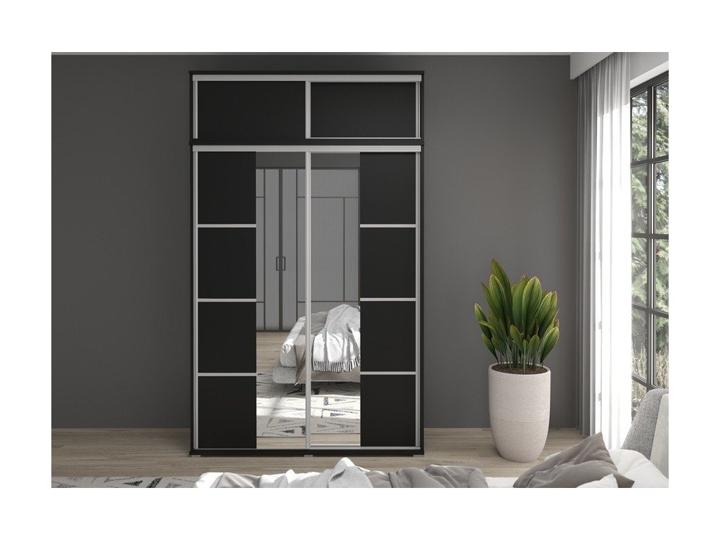 Zestaw GAJA 6 szafa z lustrem, drzwiami przesuwnym, nadstawką i szufladami 100x247x61 - czarna, nowoczesna i praktyczna