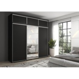Zestaw z dużą szafą przesuwną i lustrem LAGO 1 - 250x247x61 cm czarna z systemem Sevroll, pojemna, trzydrzwiowa