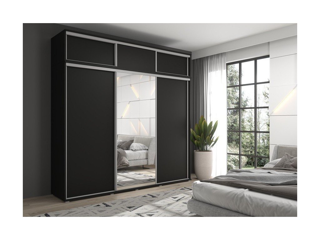 Zestaw z dużą szafą przesuwną i lustrem LAGO 1 - 250x247x61 cm czarna z systemem Sevroll, pojemna, trzydrzwiowa