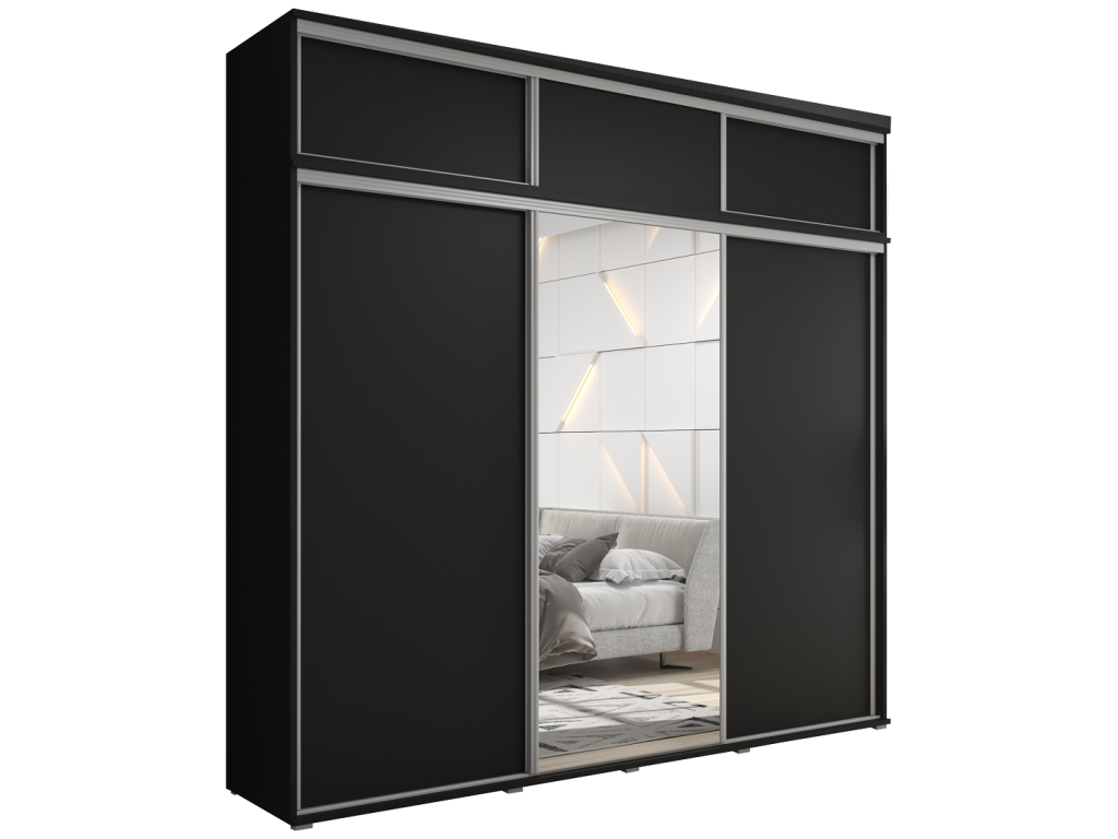 Zestaw z dużą szafą przesuwną i lustrem LAGO 1 - 250x247x61 cm czarna z systemem Sevroll, pojemna, trzydrzwiowa