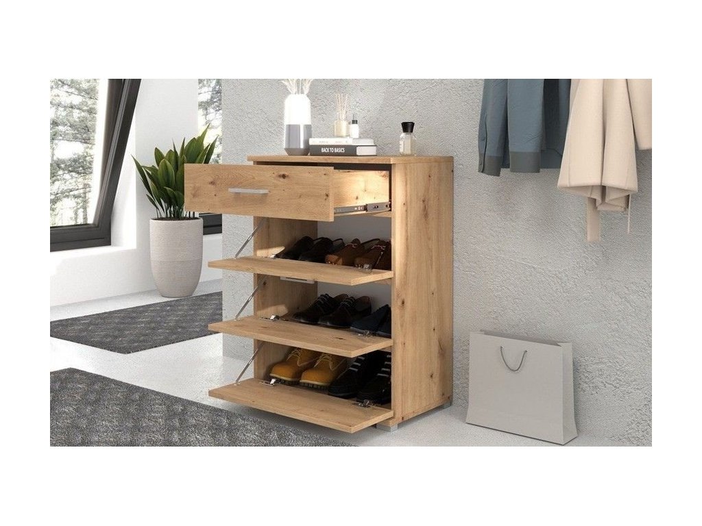 Dąb artisan szafka na buty z 4 frontami – 60x35x85 cm | Polska produkcja