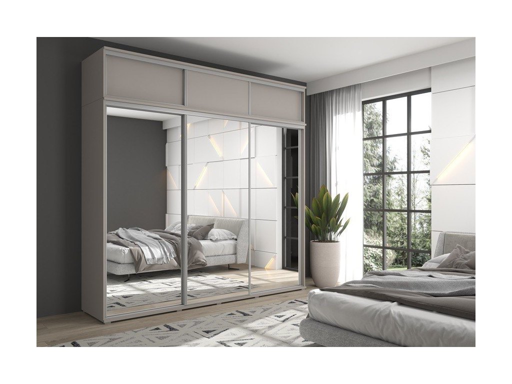 Zestaw z dużą szafą przesuwną i lustrem LAGO 2 - 250x247x61 cm z systemem Sevroll, pojemna, trzydrzwiowa