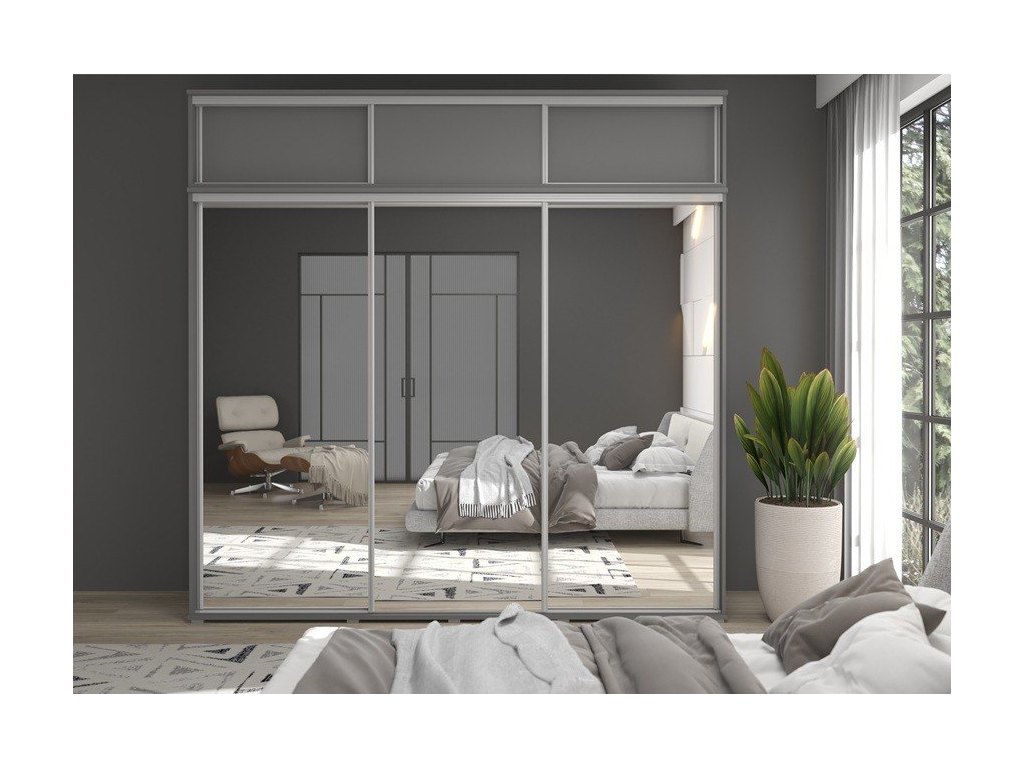 Zestaw z dużą szafą przesuwną i lustrem LAGO 2 - 260x247x61 cm z systemem Sevroll, pojemna, trzydrzwiowa