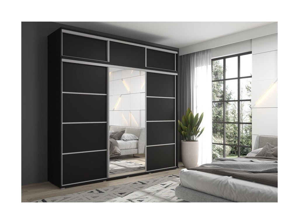 MONTI SLIM 3 szafa przesuwna 270x247x45 czarna z lustrem
