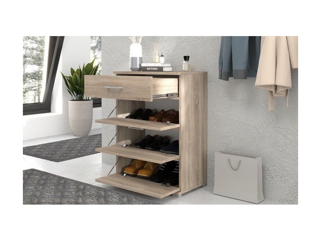 Biała szafka na buty z siedziskiem 60 cm | Czarna poduszka Monolith 79